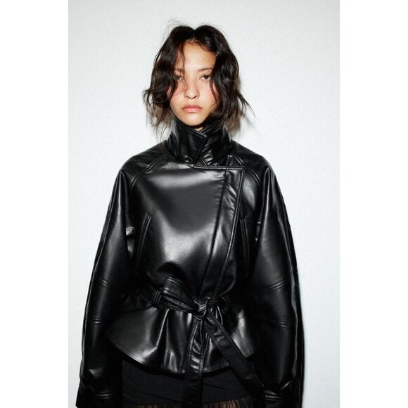 ZARA FAUX LEATHER PEPLUM JACKET - Picture 1 of 9